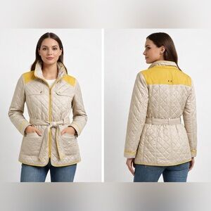 Esprit Lightweight Quilted Jacket Size Medium Cream Yellow Belted Full Zip